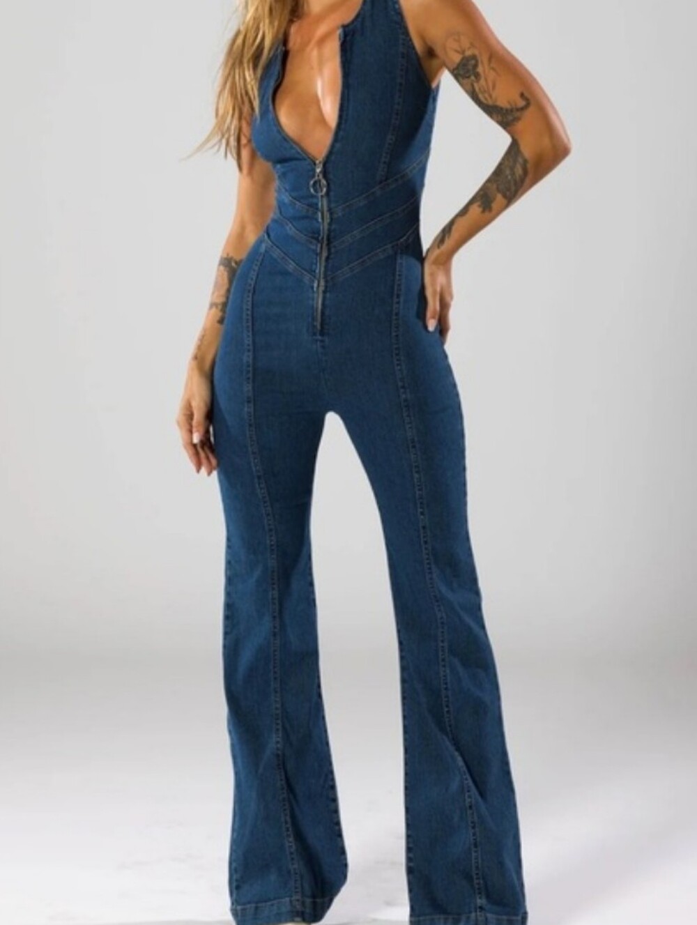 Revice Hollywood Heartthrob Denim Jumpsuit Heart Cutout Zip Front Flare Jeans - Picture 2 of 10